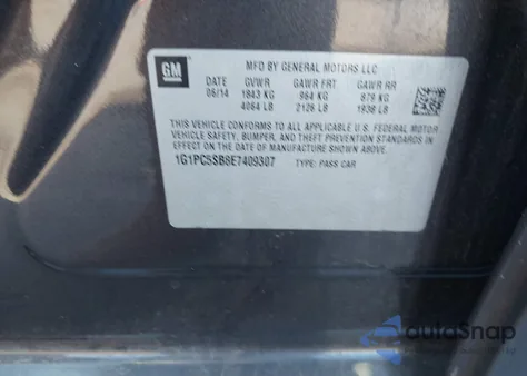 2014 Chevrolet Cruze 1Lt Auto z USA, uszkodzony, nr VIN 1G1PC5SB8E7409307